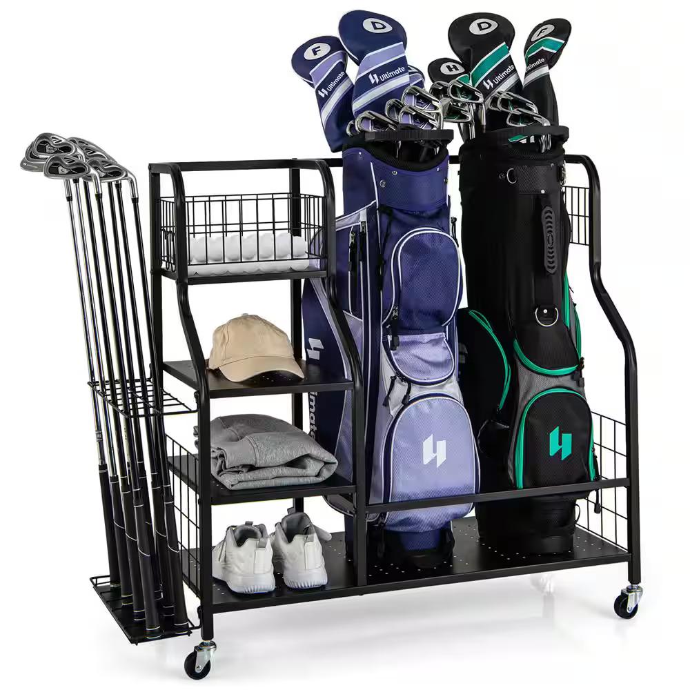Golf Bag Storage Stand w/ 3-Tire Storage Rack Top Golf Basket 14 Club Organizer 2 Removable Towel Hooks and 4 Side Hooks