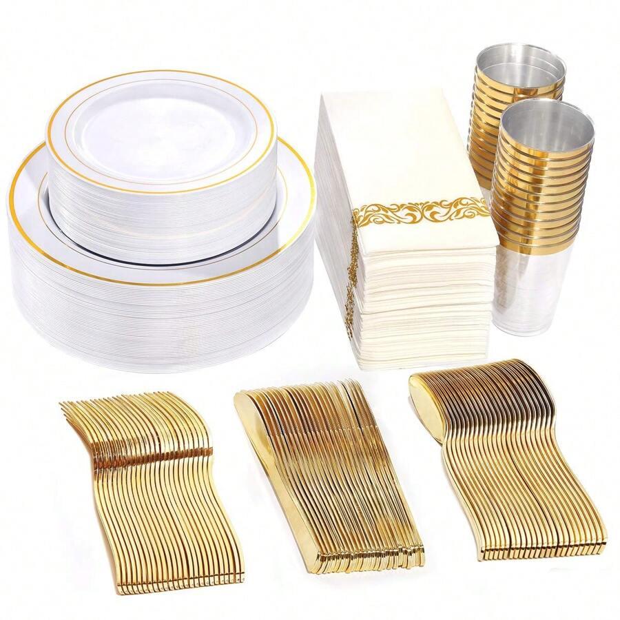 Partyware 350 Pieces Resuable Gold Plastic Dinnerware - Thanksgiving Table Decor Include 50 Dinner Plates,50 Dessert Plates, 50 Gold Plastic Silverware, 50 Gold Napkins And 50 Gold Rim Cups , For Halloween Or Christmas Party