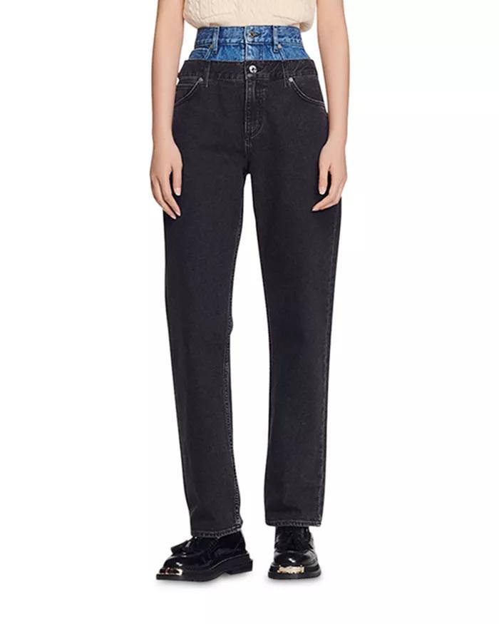 Kitty Two Tone Double Waist Mom Jeans in Gray