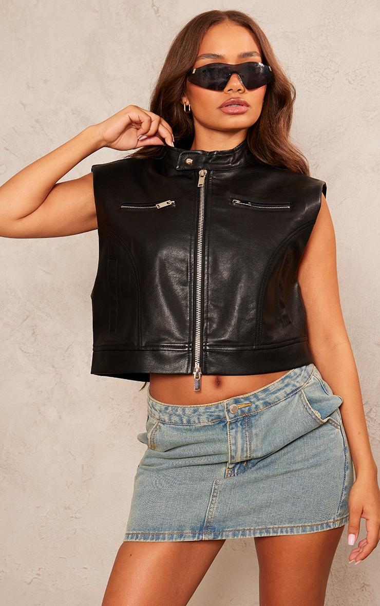 Petite Black Sleeveless Collared Faux Leather Vest