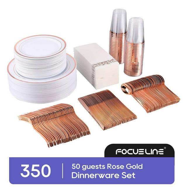 350 Piece Rose Gold Dinnerware Set 50 Guest -100 Rose Gold Plastic Plates - 50 Plastic Silverware - 50 Plastic Cups - 50 Linen Feel Paper Napkins, FOCUSLINE Disposable Dinnerware Set