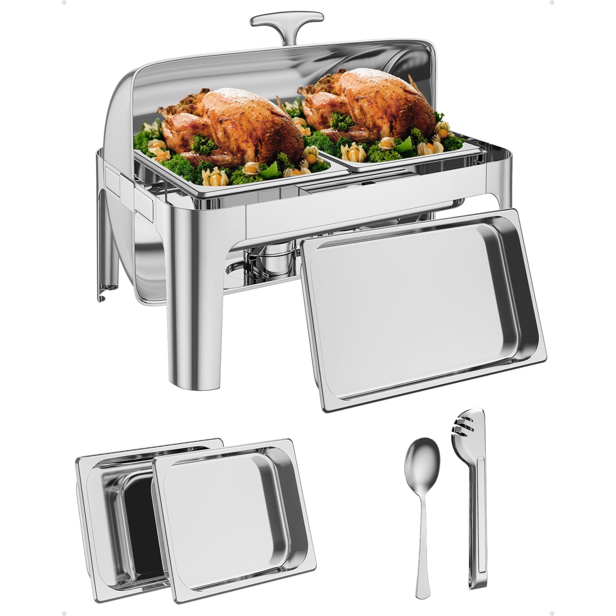 Roll Top Chafing Dish Buffet Complete Set, 2pcs-1/2 food pan 9 Qt Stainless Steel Chafer with Full Size Pan, Rectangle Catering Warmer Server with Lid Water Pan Stand Fuel Holder Meal Clip